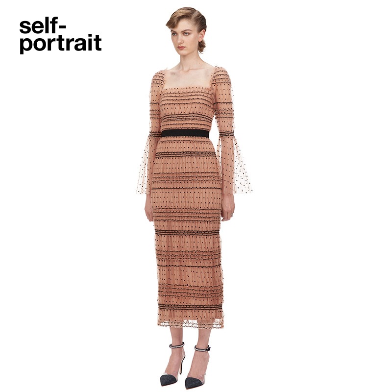 自画像スクエアネック水玉ウエストヌード長袖ワンピースロングスカート 自画像スクエアネック水玉ウエストヌード長袖ワンピースロングスカート