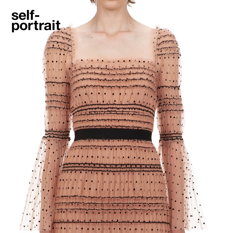 自画像スクエアネック水玉ウエストヌード長袖ワンピースロングスカート 自画像スクエアネック水玉ウエストヌード長袖ワンピースロングスカート