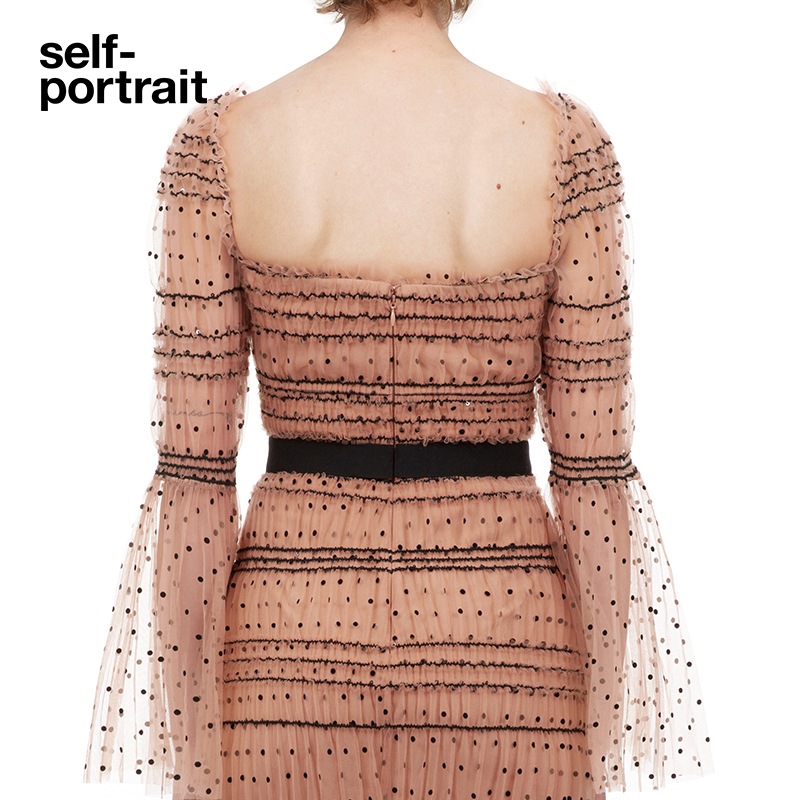 自画像スクエアネック水玉ウエストヌード長袖ワンピースロングスカート 自画像スクエアネック水玉ウエストヌード長袖ワンピースロングスカート