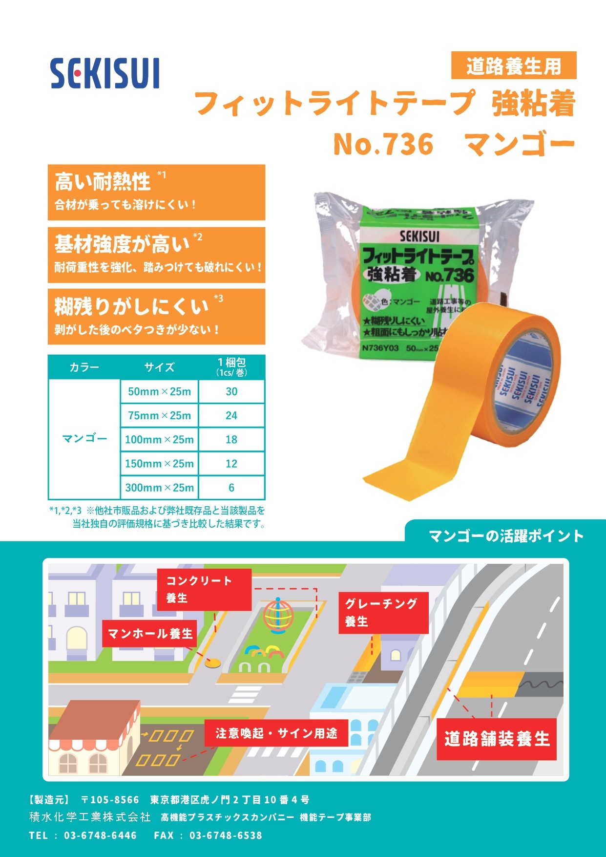 セキスイ フィットライト養生テープ No.736 150mmx25M 12巻 マンゴー 強粘着養生テープ