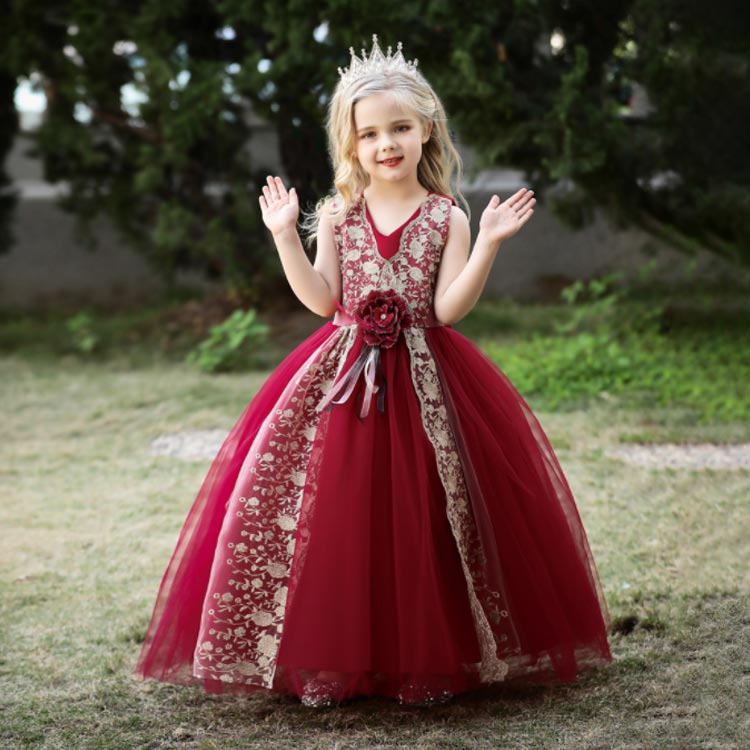 子ドレスお花刺繍ふわふわキッズ上品で華やかなロングドレスピアlノ発表会ノースリーブワンピースプリンセスドレス結婚式お呼ばれフォーマル女の子演奏会レース
