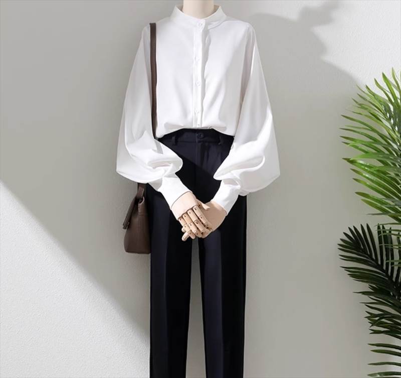 レディース トップス シャツ ミドル丈 長袖 ボリューム袖 スタンドカラー ストレート かわいい 大人可愛い きれいめ シンプル カジュアル 上品 おしゃれ かっこいい ガーリー クール 無地 春 秋