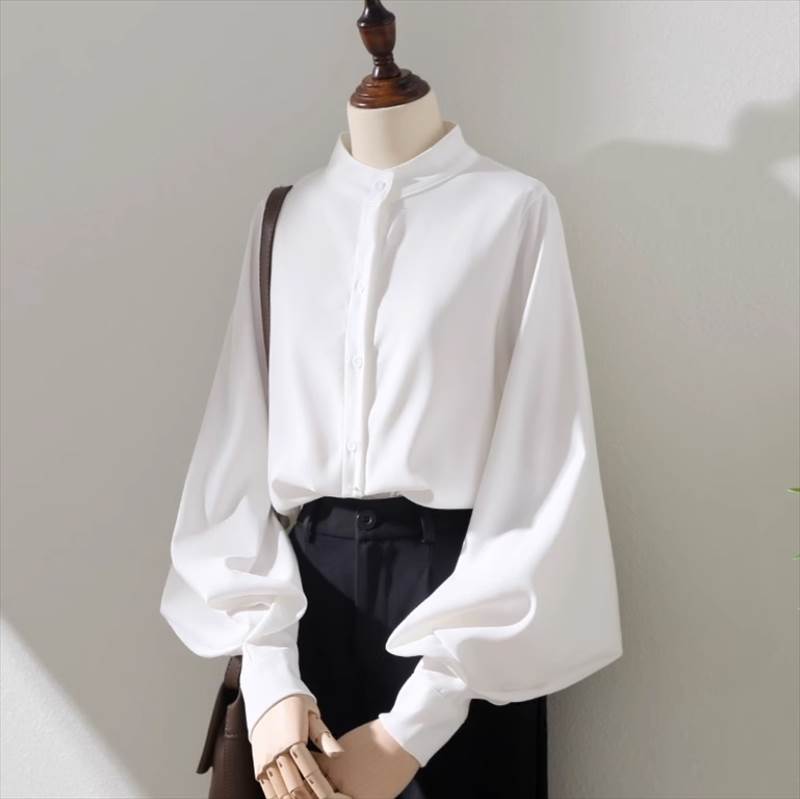 レディース トップス シャツ ミドル丈 長袖 ボリューム袖 スタンドカラー ストレート かわいい 大人可愛い きれいめ シンプル カジュアル 上品 おしゃれ かっこいい ガーリー クール 無地 春 秋