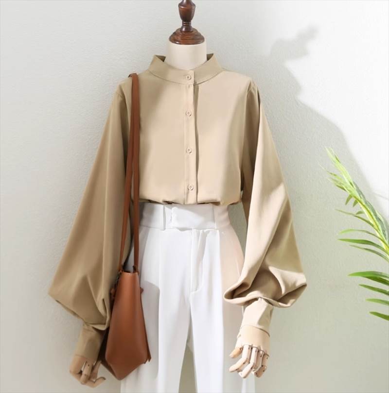 レディース トップス シャツ ミドル丈 長袖 ボリューム袖 スタンドカラー ストレート かわいい 大人可愛い きれいめ シンプル カジュアル 上品 おしゃれ かっこいい ガーリー クール 無地 春 秋