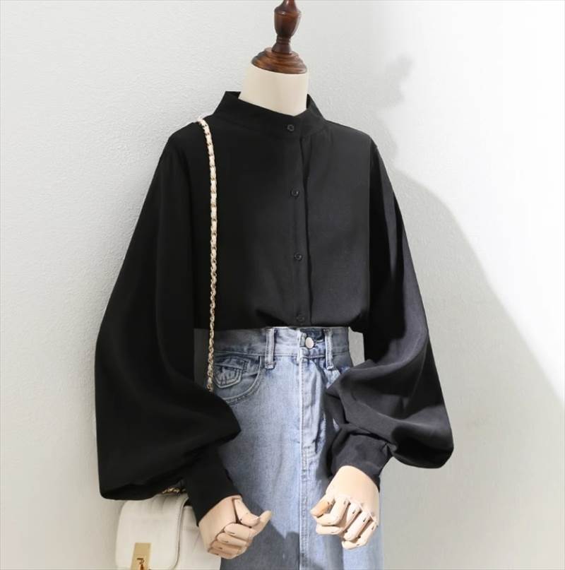 レディース トップス シャツ ミドル丈 長袖 ボリューム袖 スタンドカラー ストレート かわいい 大人可愛い きれいめ シンプル カジュアル 上品 おしゃれ かっこいい ガーリー クール 無地 春 秋