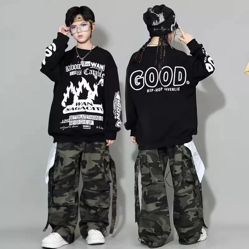子供街舞潮服セット冬hiphopヒップホップ長袖衛衣女児ジャズダンス男児元旦公演服