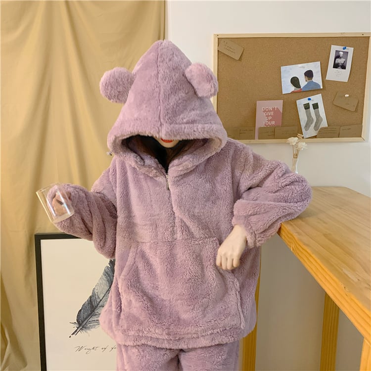3color パジャマ セットアップ ルームウェア ナイトウェア ネグリジェ 大きめ くま柄