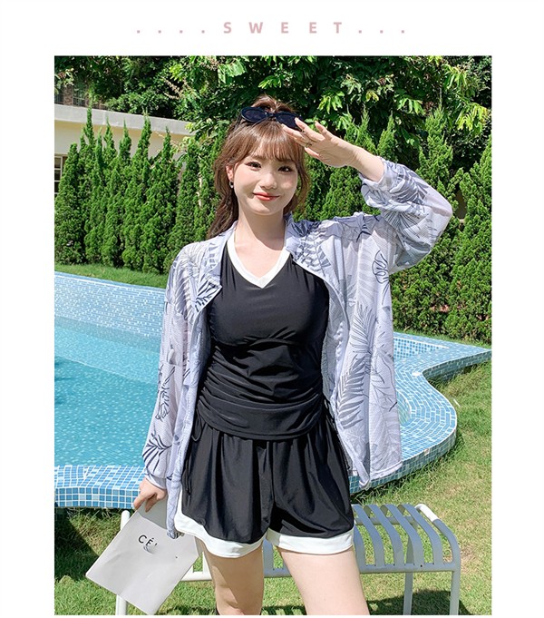 3点セット タンキニ 水着 レディース 体型カバー 大きいサイズ ラッシュガード 長袖 プラスサイズ セパレート 露出控えめ インナーパンツ ワイヤーなし パッド付 短パン 海 プール リゾート おし