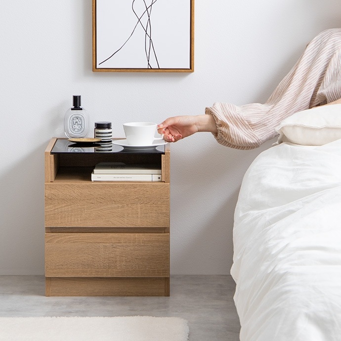 ブラックガラス天板 ナイトテーブル 幅35cm コンパクト 省スペース 引出し収納 ブラックガラス天板 ナイトテーブル 幅35cm コンパクト 省スペース 引出し収納