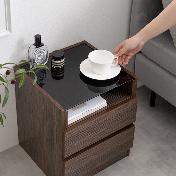 ブラックガラス天板 ナイトテーブル 幅35cm コンパクト 省スペース 引出し収納 ブラックガラス天板 ナイトテーブル 幅35cm コンパクト 省スペース 引出し収納