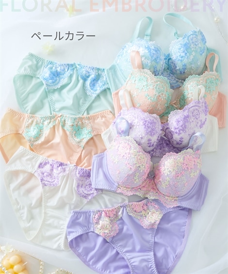 Qoo10 ニッセン 花柄刺繍ブラ＆ショーツ4セット組 無地