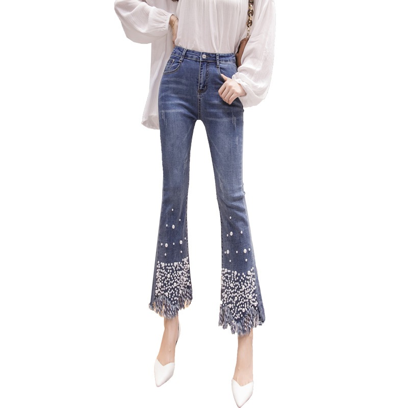 缶パンツビッグパールデニムレディースパンツ韓版フリンジフリンジマイクロフレアパンツ9点フィッシュテ 母の日-0009808