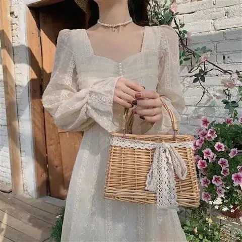 春秋冬新作フレンチレトロ気品優しい風マイナーデザイン感初恋スカートバブルスリーブワンピース