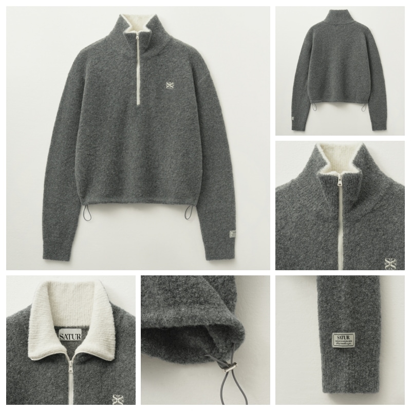 SATUR】 (W) CROP HALF NECK FLEECE KNIT ZIP-UP : 4COLORS