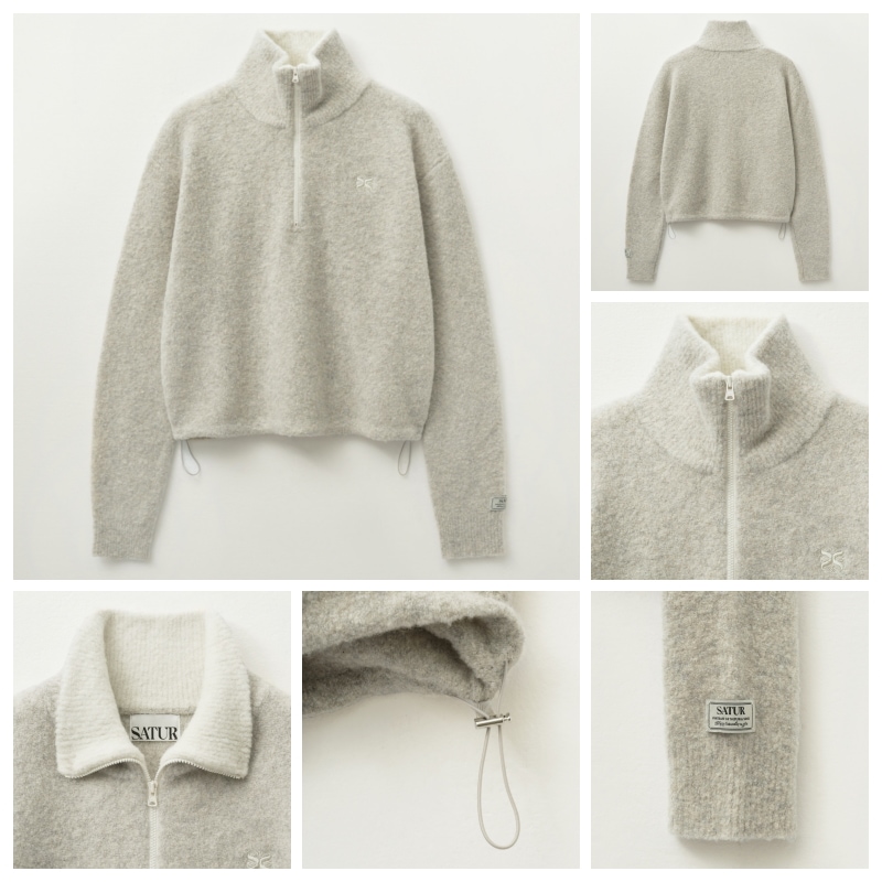 SATUR】 (W) CROP HALF NECK FLEECE KNIT ZIP-UP : 4COLORS SATUR】 (W) CROP HALF NECK FLEECE KNIT ZIP-UP : 4COLORS