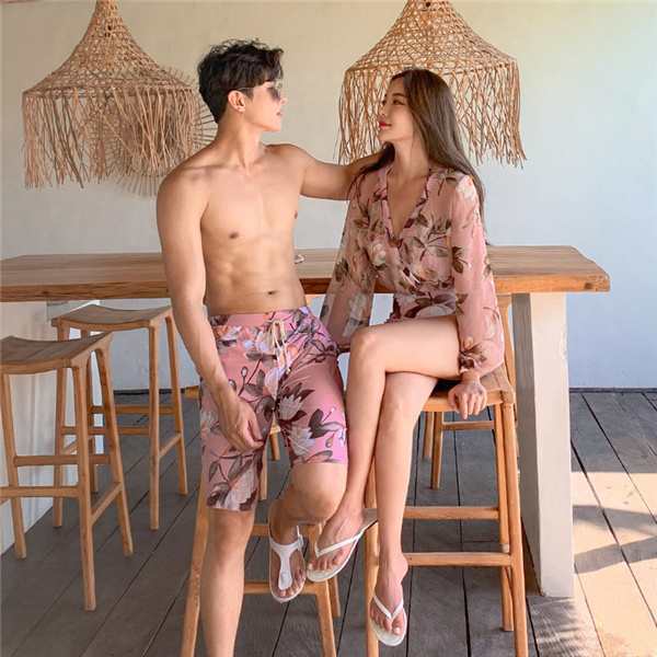 ペア水着 カップル ビキニ 女性用 男性用 ペア 花柄 オールインワン 透け感 水着 ワンピー 体型カバー カップルお揃い 着痩せ 素敵 オシ