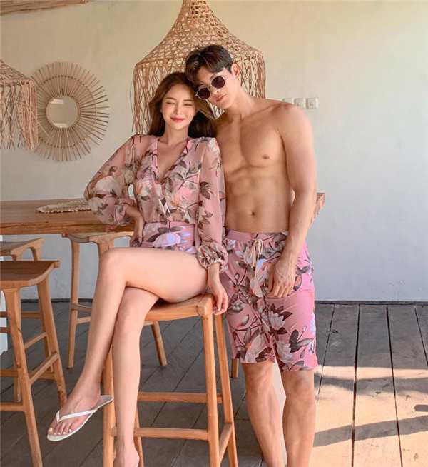 ペア水着 カップル ビキニ 女性用 男性用 ペア 花柄 オールインワン 透け感 水着 ワンピー 体型カバー カップルお揃い 着痩せ 素敵 オシ