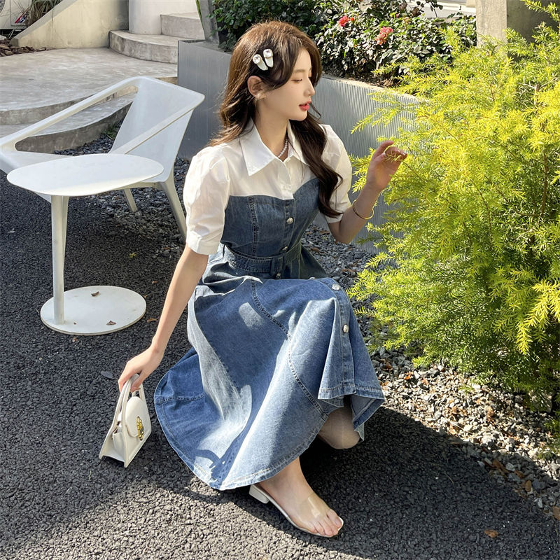新入荷ファッションワンピース デザイン感バブル袖デニムワンピース 着痩せハイウエストスカート 夏A字スカート
