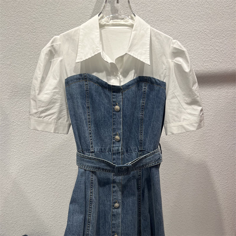 新入荷ファッションワンピース デザイン感バブル袖デニムワンピース 着痩せハイウエストスカート 夏A字スカート