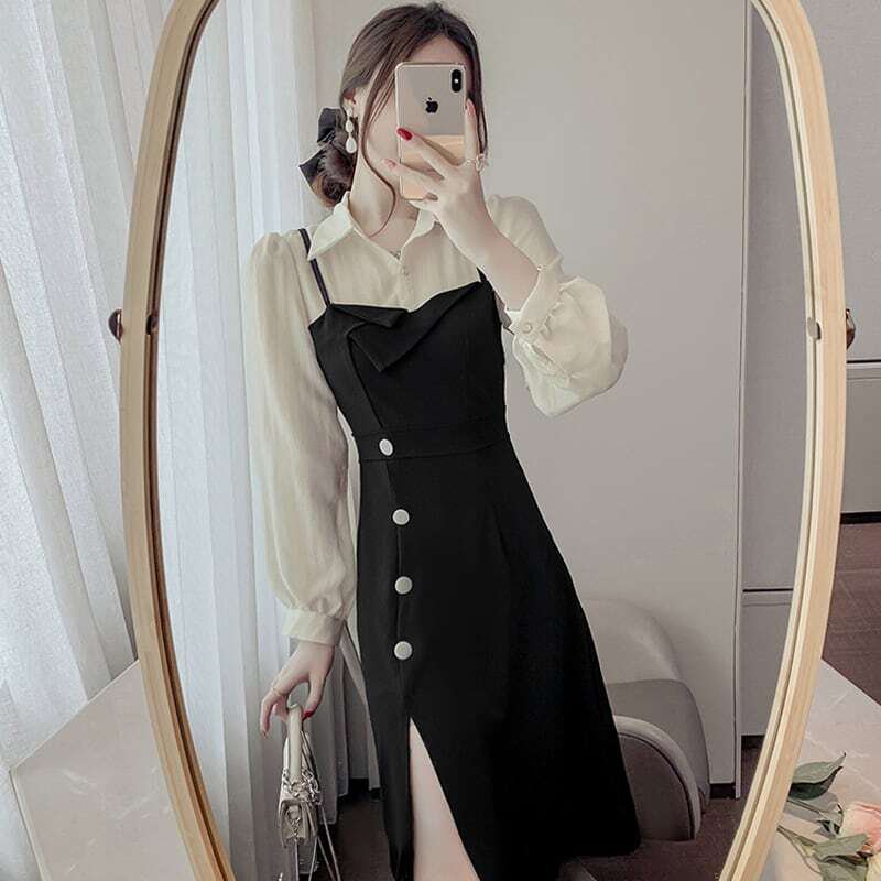 レディース ワンピース フェイクレイヤード 襟付き スリット 長袖 お呼ばれ フォーマル エレガント 大人可愛い ママコーデ ママファッション 韓国系 オルチャン 人気 新作 20代 30代 レディース ワンピース フェイクレイヤード 襟付き スリット 長袖 お呼ばれ フォーマル エレガント 大人可愛い ママコーデ ママファッション 韓国系 オルチャン 人気 新作 20代 30代