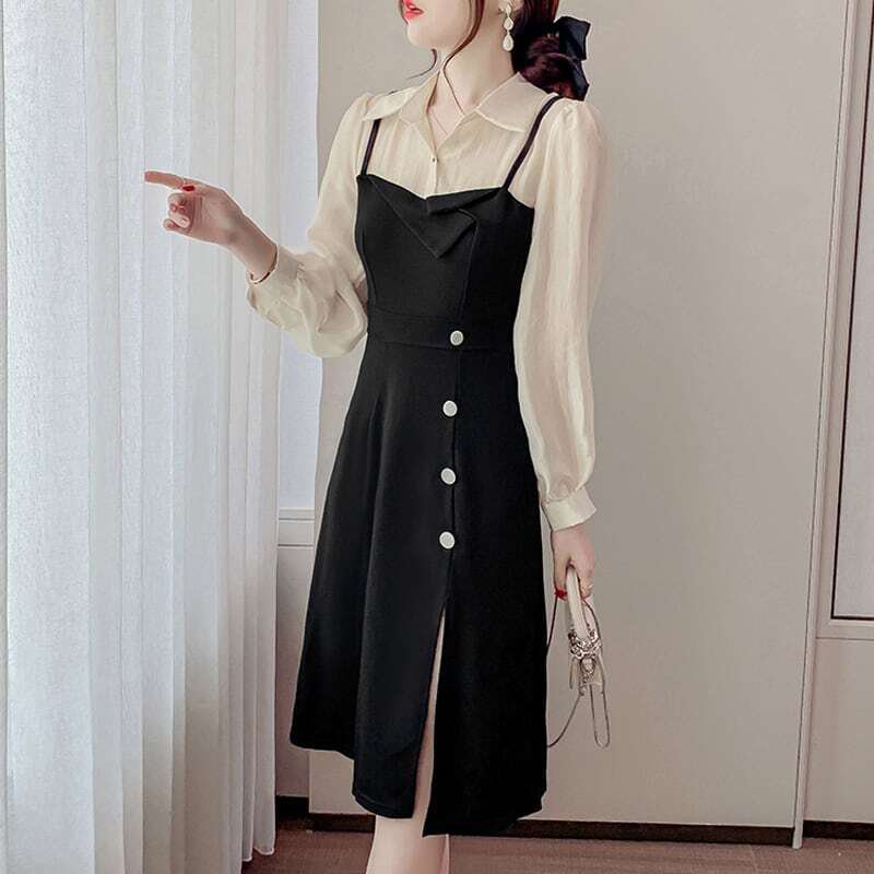 レディース ワンピース フェイクレイヤード 襟付き スリット 長袖 お呼ばれ フォーマル エレガント 大人可愛い ママコーデ ママファッション 韓国系 オルチャン 人気 新作 20代 30代 レディース ワンピース フェイクレイヤード 襟付き スリット 長袖 お呼ばれ フォーマル エレガント 大人可愛い ママコーデ ママファッション 韓国系 オルチャン 人気 新作 20代 30代