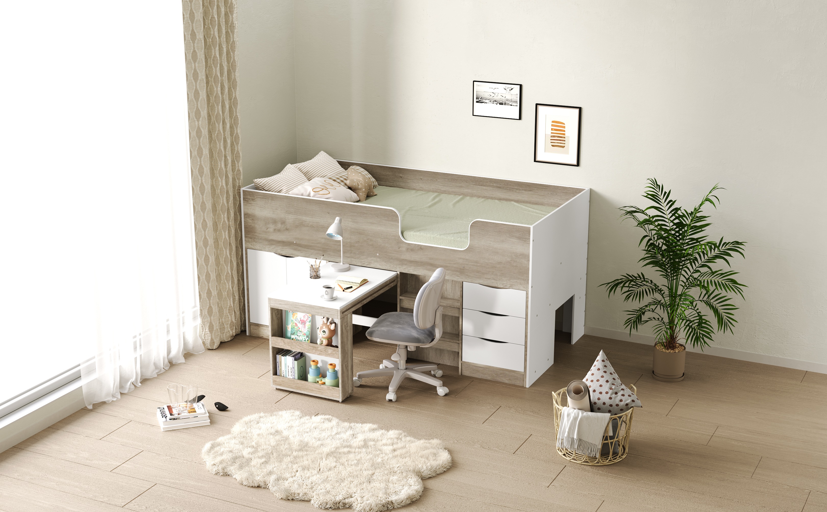 ロフトベッド 階段付き S 木製 高さ120cm ナチュラル+ホワイト 木製