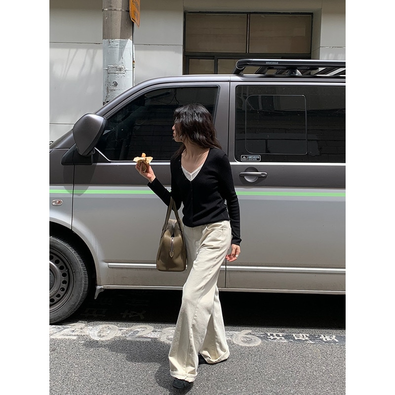 秋の万能レディースハイウエストストレートパンツスリムホワイトジーンズ W1198