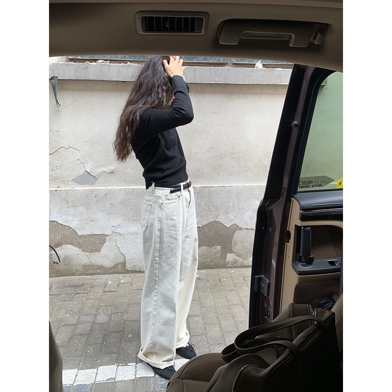 秋の万能レディースハイウエストストレートパンツスリムホワイトジーンズ W1198