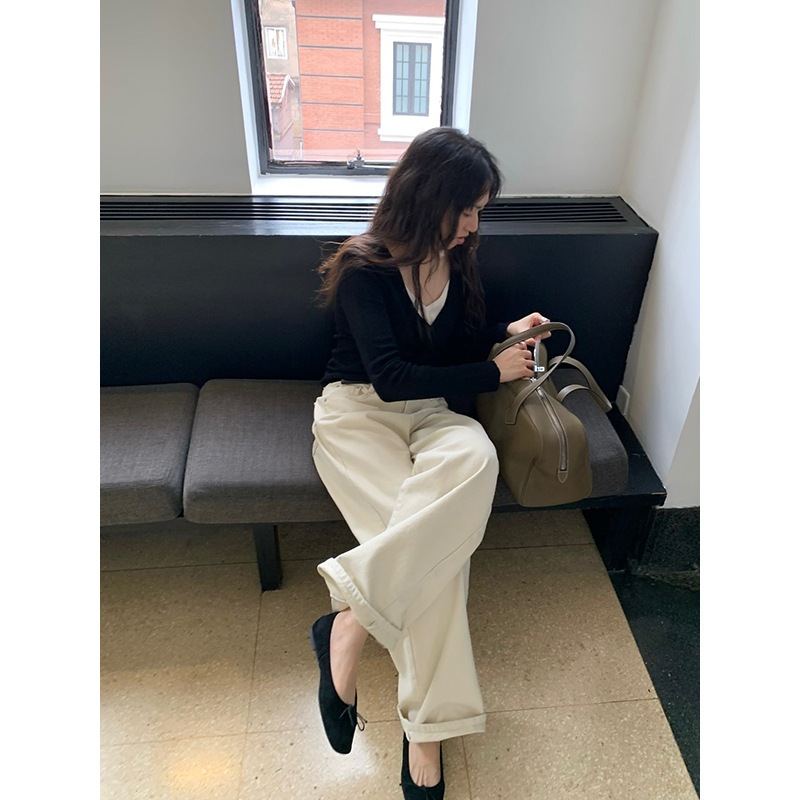 秋の万能レディースハイウエストストレートパンツスリムホワイトジーンズ W1198