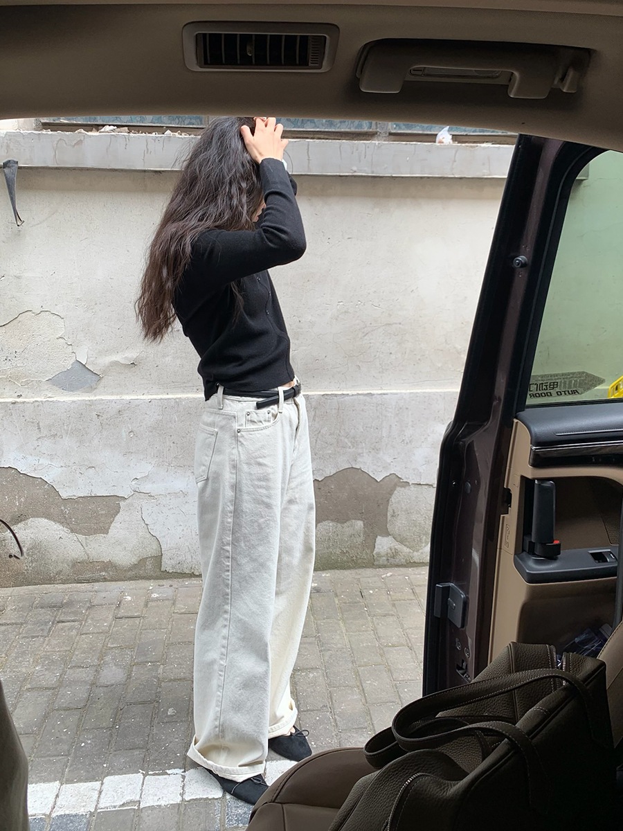 秋の万能レディースハイウエストストレートパンツスリムホワイトジーンズ W1198