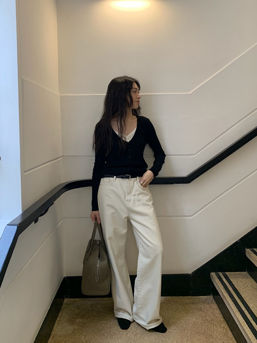 秋の万能レディースハイウエストストレートパンツスリムホワイトジーンズ W1198