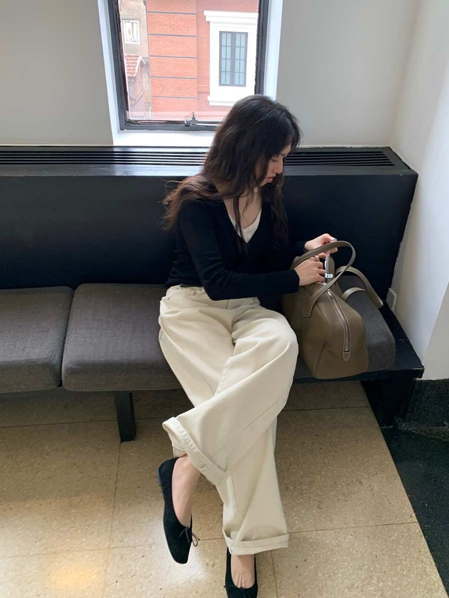 秋の万能レディースハイウエストストレートパンツスリムホワイトジーンズ W1198