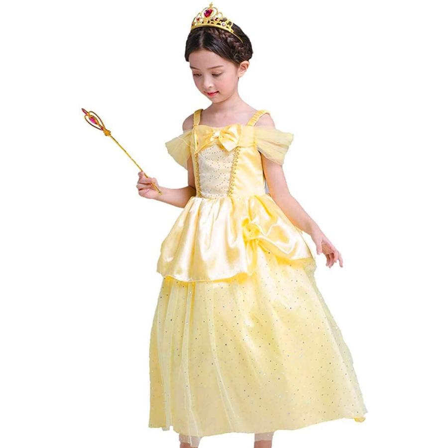 [即纳]新作先行発売ベル ドレス 子供 コスプレ 衣装 美女と野獣 豪華８点 セット ドレス 手袋 ティアラ ステッキ ネックレス イヤリング など 100 110 120 130 140【短納期】