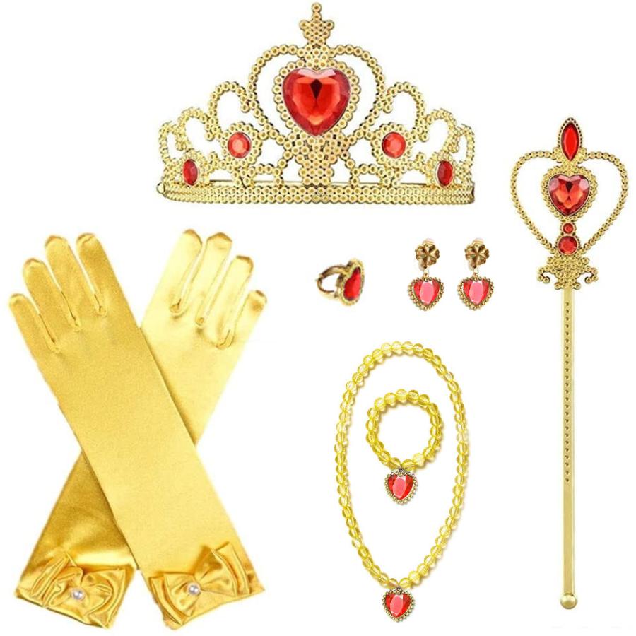 [即纳]新作先行発売ベル ドレス 子供 コスプレ 衣装 美女と野獣 豪華８点 セット ドレス 手袋 ティアラ ステッキ ネックレス イヤリング など 100 110 120 130 140【短納期】