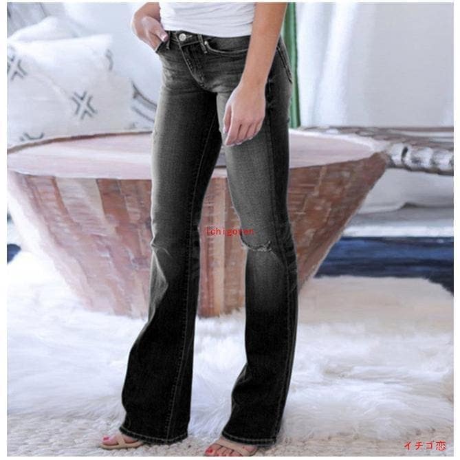 人気パンツ デニム ジーンズ フレアパンツロングパンツ ひざダメージ 破れ風ダメージデニムパンツ レディース ブーツカット