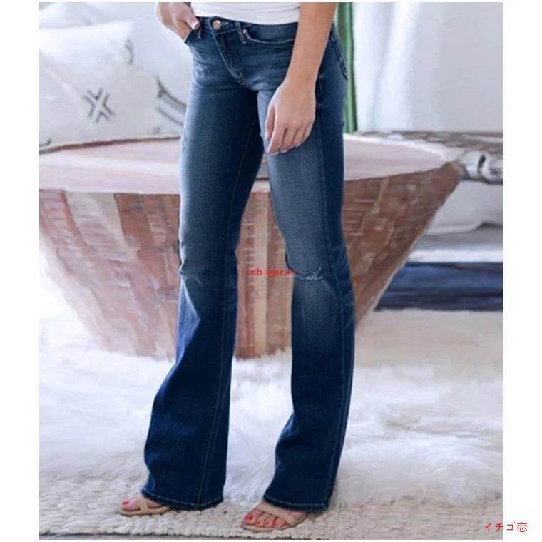 人気パンツ デニム ジーンズ フレアパンツロングパンツ ひざダメージ 破れ風ダメージデニムパンツ レディース ブーツカット