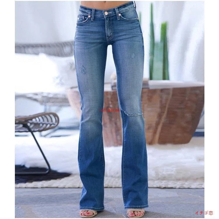 人気パンツ デニム ジーンズ フレアパンツロングパンツ ひざダメージ 破れ風ダメージデニムパンツ レディース ブーツカット