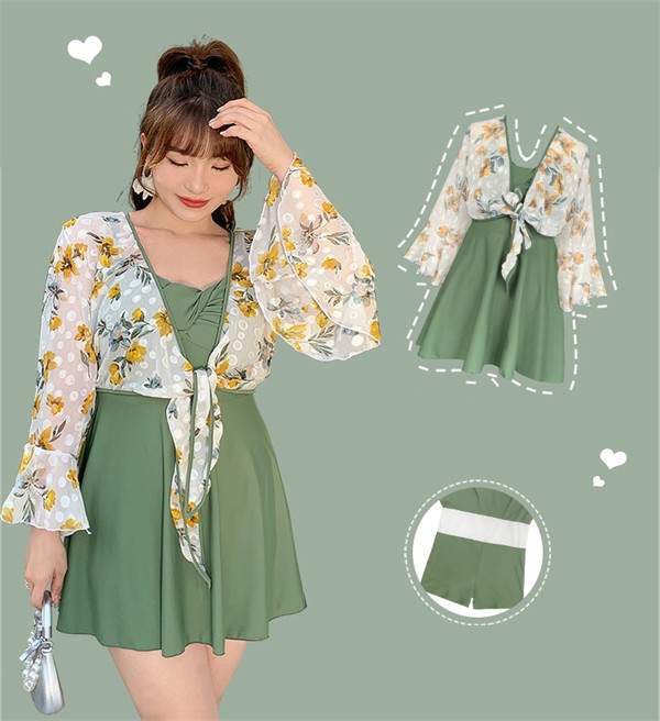2点セット 水着 大きいサイズ レディース 花柄 体型カバー ぽっちゃり 服みたいな ワンピース ボレロ おしゃれ かわいい オールインワン ハイウエスト オトナ女子 温泉 露出控えめ セクシー