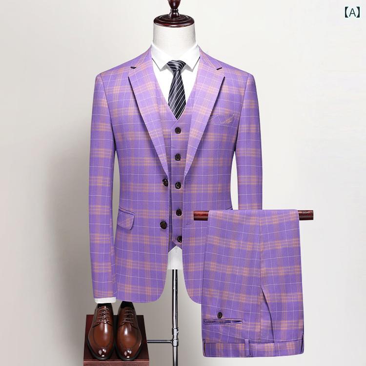 メンズ カラー スーツ ジャケット パンツ ベスト 3点セット パープル 紫 英国 格子 チェック柄 男性 カジュアル ハイエンド ホスト パフォーマンス メンズ カラー スーツ ジャケット パンツ ベスト 3点セット パープル 紫 英国 格子 チェック柄 男性 カジュアル ハイエンド ホスト パフォーマンス