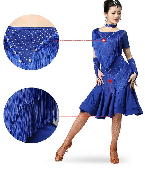 【本日限定】社交ダンスドレス ダンスウェア ドレス モダンドレス ラテンダンス フリンジ フレア きらきら ストーン飾り 袖あり 半袖 透け感 ダンスドレス ワンピース ダンス衣装 ダンス 舞台服 チ