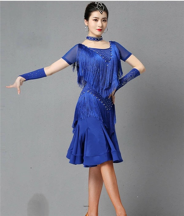 【本日限定】社交ダンスドレス ダンスウェア ドレス モダンドレス ラテンダンス フリンジ フレア きらきら ストーン飾り 袖あり 半袖 透け感 ダンスドレス ワンピース ダンス衣装 ダンス 舞台服 チ