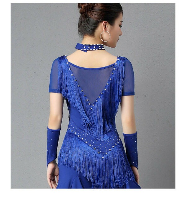 【本日限定】社交ダンスドレス ダンスウェア ドレス モダンドレス ラテンダンス フリンジ フレア きらきら ストーン飾り 袖あり 半袖 透け感 ダンスドレス ワンピース ダンス衣装 ダンス 舞台服 チ