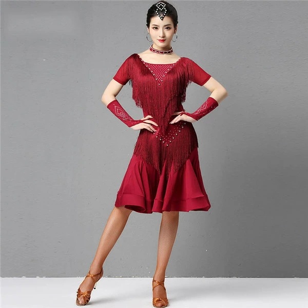 【本日限定】社交ダンスドレス ダンスウェア ドレス モダンドレス ラテンダンス フリンジ フレア きらきら ストーン飾り 袖あり 半袖 透け感 ダンスドレス ワンピース ダンス衣装 ダンス 舞台服 チ