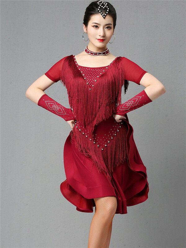 【本日限定】社交ダンスドレス ダンスウェア ドレス モダンドレス ラテンダンス フリンジ フレア きらきら ストーン飾り 袖あり 半袖 透け感 ダンスドレス ワンピース ダンス衣装 ダンス 舞台服 チ