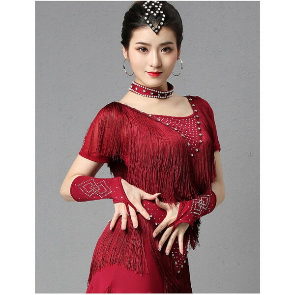 【本日限定】社交ダンスドレス ダンスウェア ドレス モダンドレス ラテンダンス フリンジ フレア きらきら ストーン飾り 袖あり 半袖 透け感 ダンスドレス ワンピース ダンス衣装 ダンス 舞台服 チ