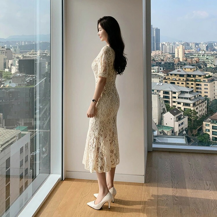 【短納期】パーティードレス タイトワンピース レースワンピース マーメイド 全2色 半袖 きれいめ ロング 黒ドレス セクシー 大きいサイズ 結婚式 お呼ばれドレス 二次会 成人式 同窓会 上品 エ