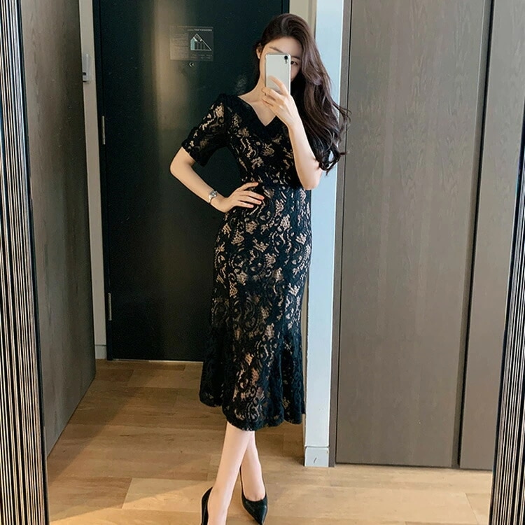 【短納期】パーティードレス タイトワンピース レースワンピース マーメイド 全2色 半袖 きれいめ ロング 黒ドレス セクシー 大きいサイズ 結婚式 お呼ばれドレス 二次会 成人式 同窓会 上品 エ