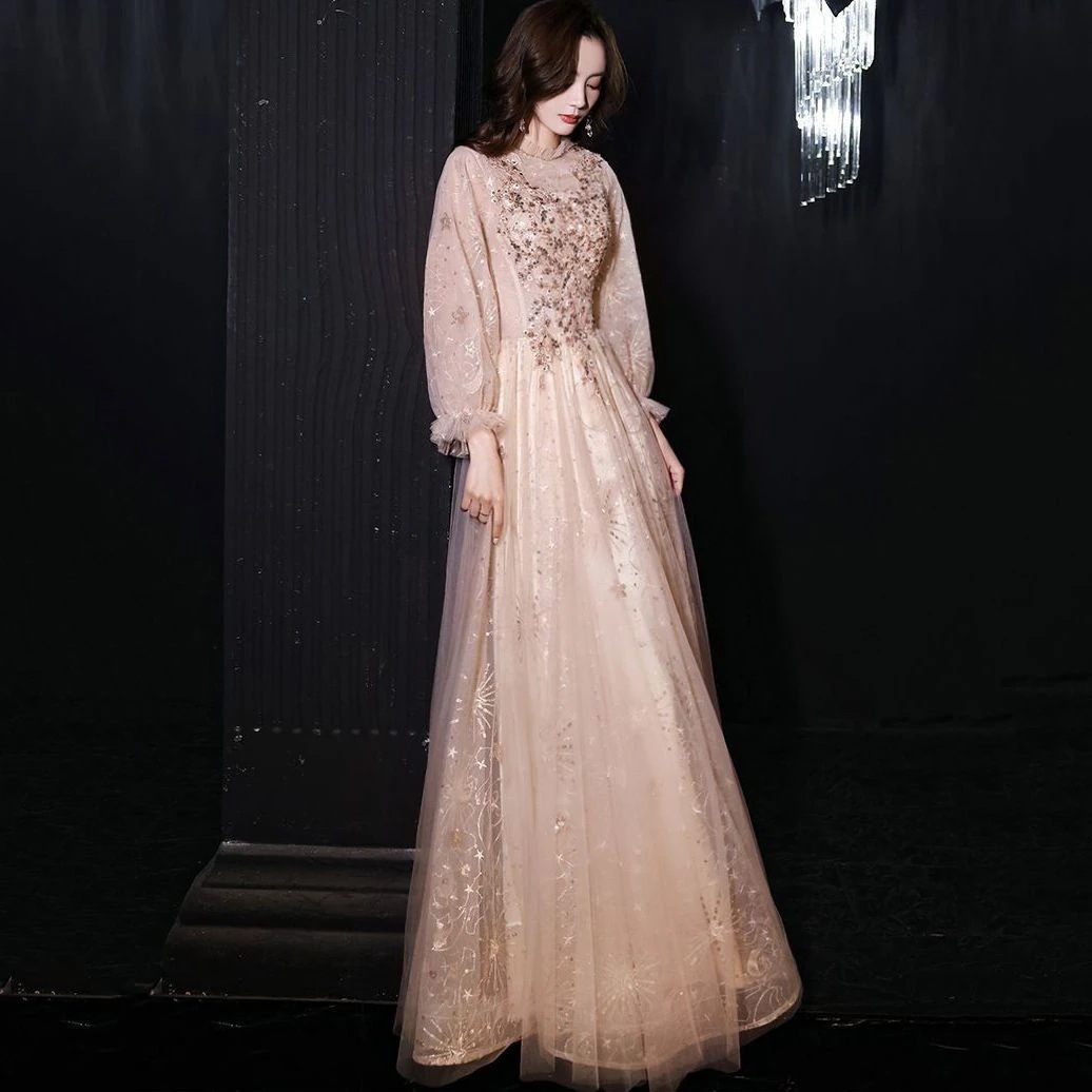 シャンパンカラードレス2025バンケット気質ホストロングバースデーパーティードレス シャンパンカラードレス2025バンケット気質ホストロングバースデーパーティードレス