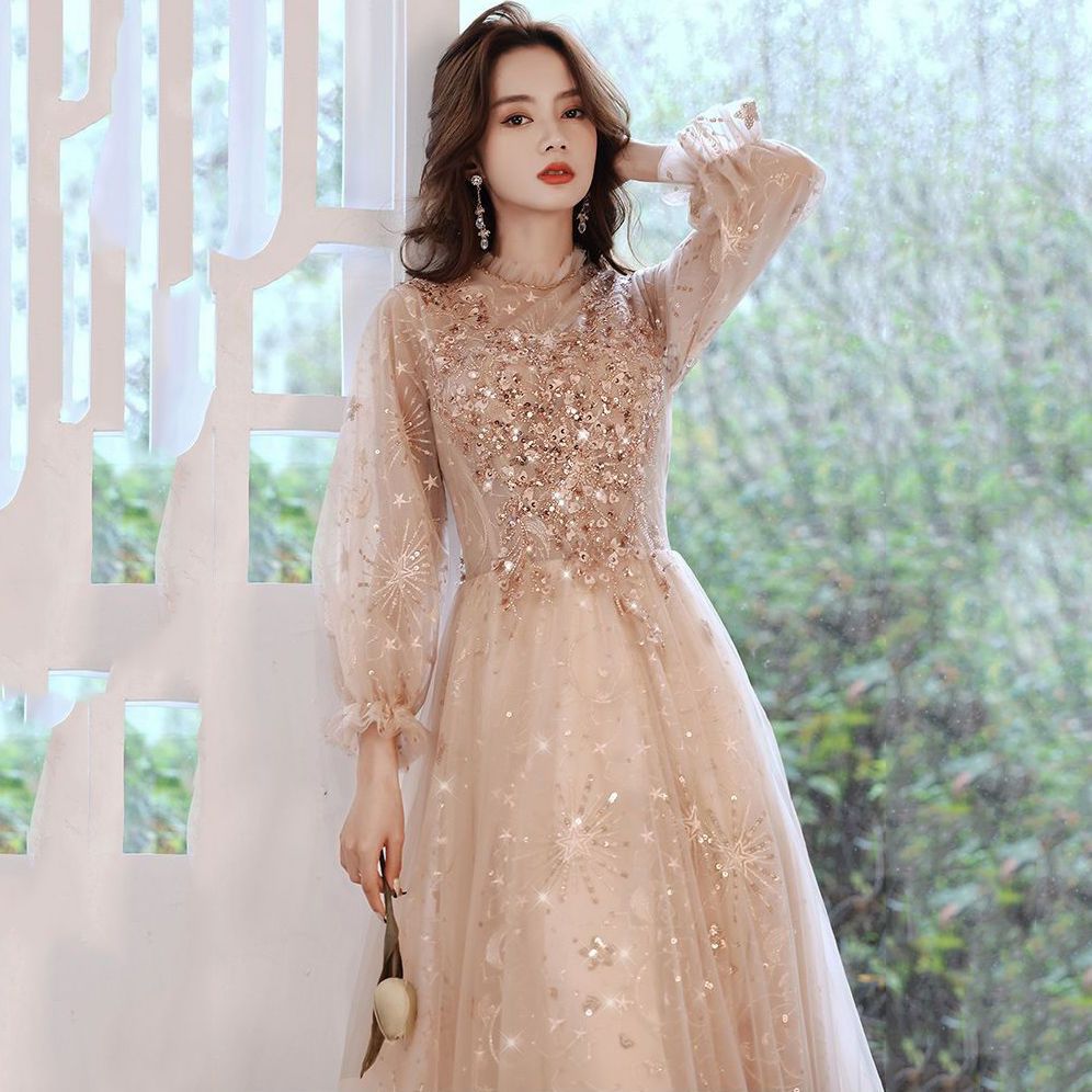 シャンパンカラードレス2025バンケット気質ホストロングバースデーパーティードレス シャンパンカラードレス2025バンケット気質ホストロングバースデーパーティードレス