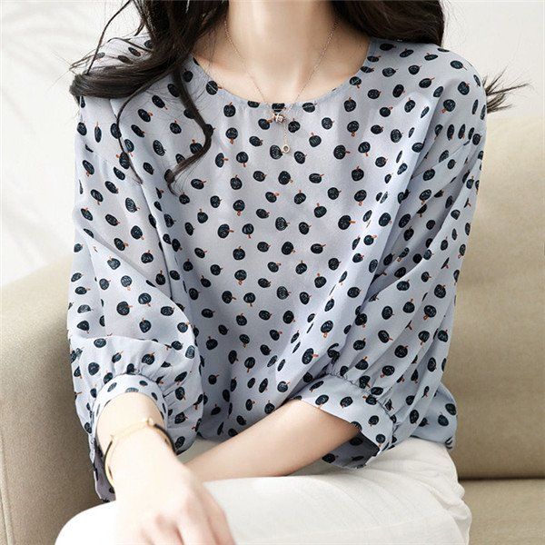 水玉 ブラウス Tシャツ トップス チュニック 夏 体型カバー レディース シフォン シャツ 春夏 フルーツ柄 水玉柄 丸首 柄シャツ 7分袖 おしゃれ 通勤 ゆったり 夏ブラウス 半袖シャツ 半袖